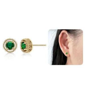 Tiny Gold Emerald Green Stud Earrings for Women Circle Green Cubic Zirconia Post Earrings Handmade Hypoallergenic Small Earrings Emerald Jewelry