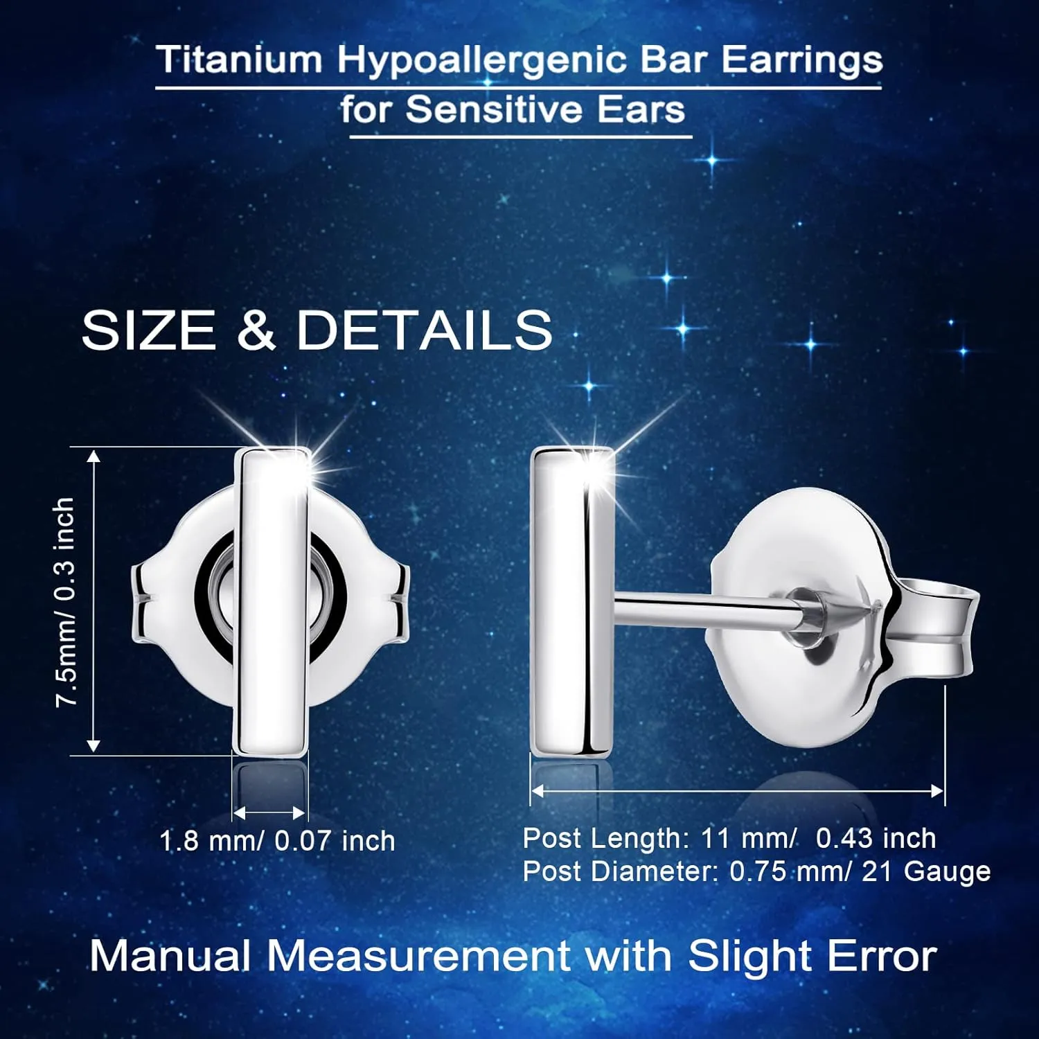 Titanium Earrings, Hypoallergenic Stud Earrings for Women Men Sensitive Ears Bar/Butterfly/Triangle/Square Premium High Polished (Shiny Grey)