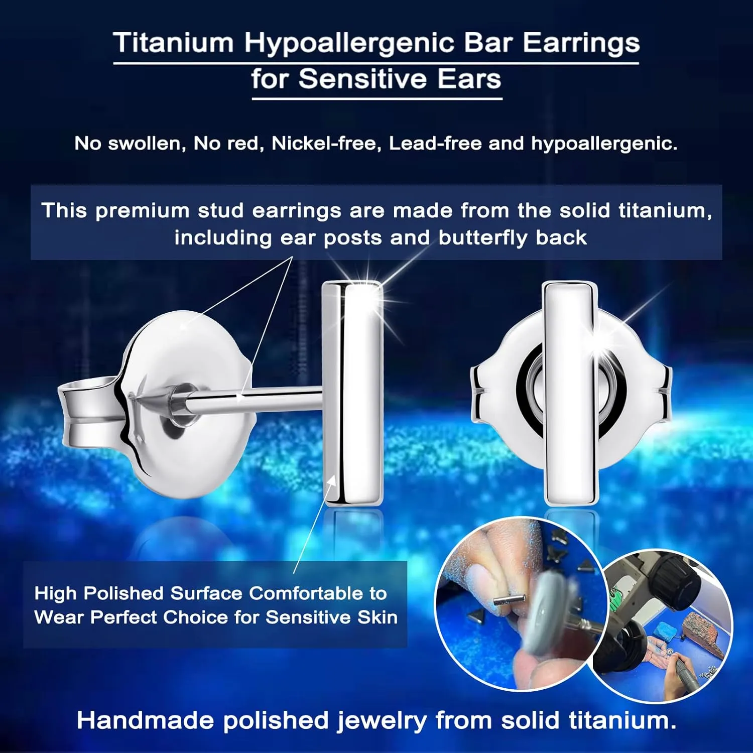 Titanium Earrings, Hypoallergenic Stud Earrings for Women Men Sensitive Ears Bar/Butterfly/Triangle/Square Premium High Polished (Shiny Grey)
