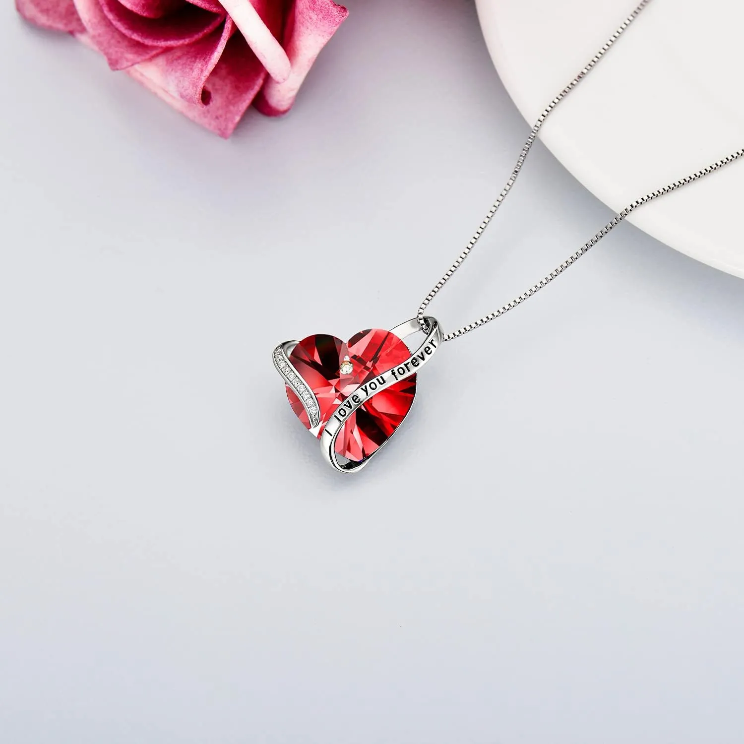 TOUPOP Heart Pendant Necklace Forever Love Sterling Silver Crystal Birthstone Necklaces Anniversary Jewelry Birthday Gifts for Women
