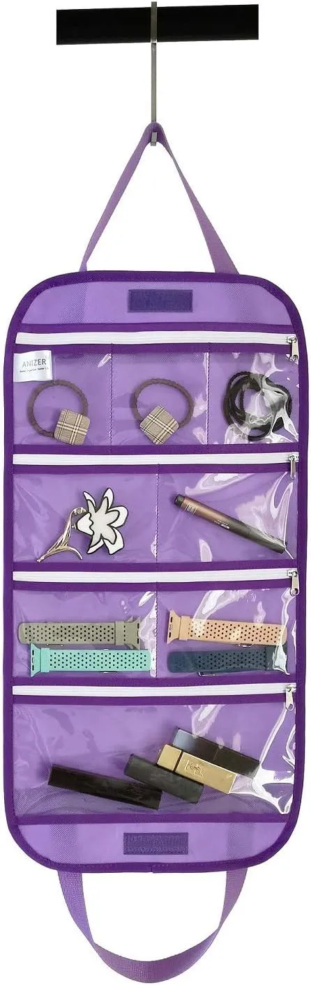Travel Foldable Jewelry Rolls Bag Storage Pouch Hanging Jewelry Organizer with 8 Zippered Clear Pockets for Earrings Rings Necklaces Bracelets Watchbands (Purple)