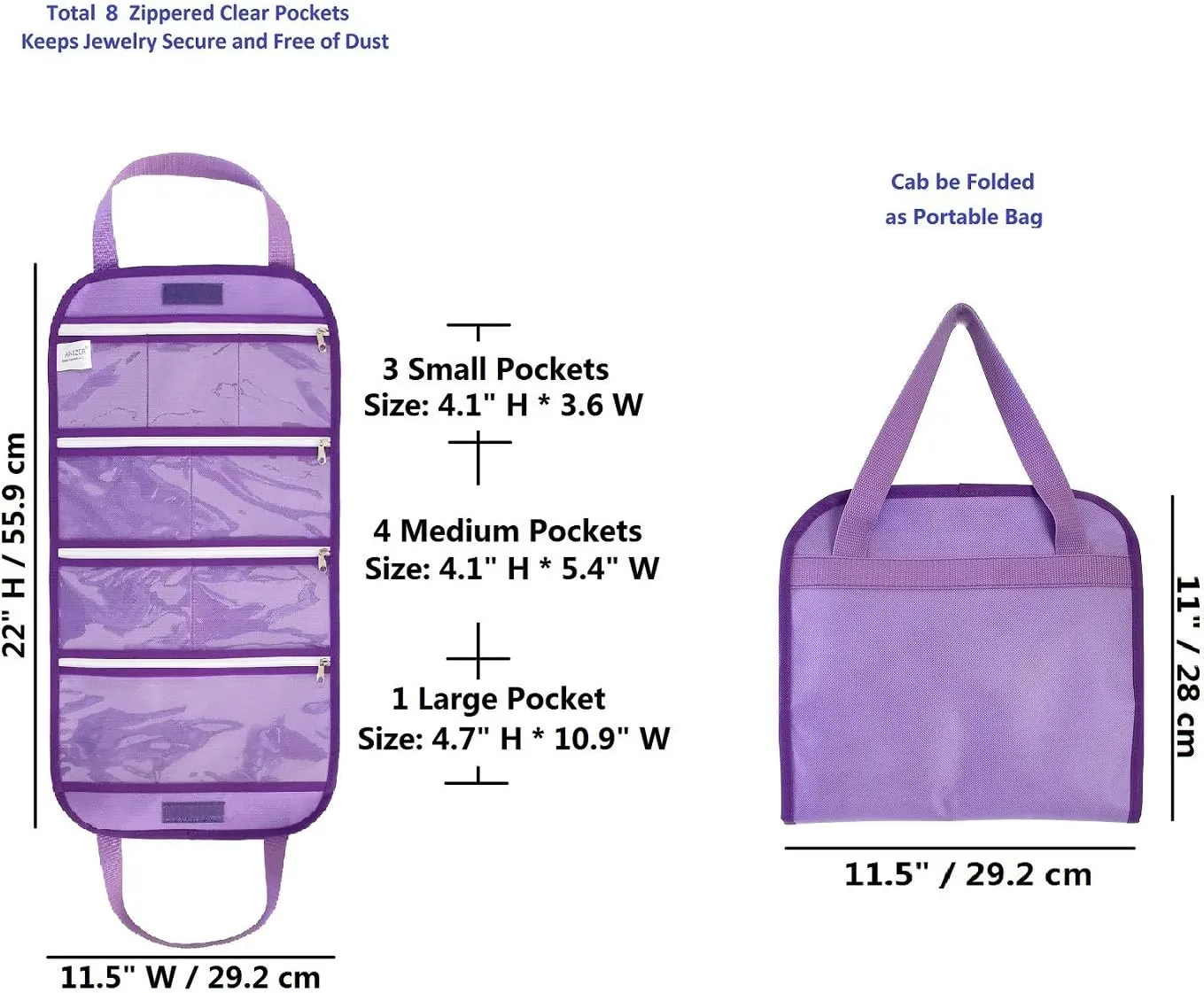 Travel Foldable Jewelry Rolls Bag Storage Pouch Hanging Jewelry Organizer with 8 Zippered Clear Pockets for Earrings Rings Necklaces Bracelets Watchbands (Purple)