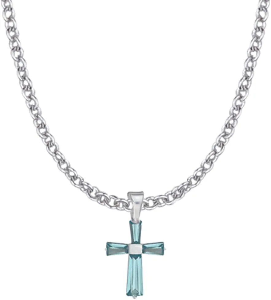 True Faith Jewelry Sterling Silver March Birthstone Crystal Cross Pendant Necklace, 1/2 Inch