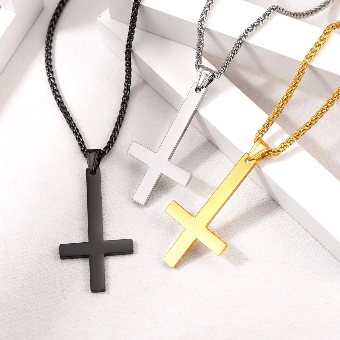 U7 Inverted Cross Necklace, Upside Down Cross Pendant, Stainless Steel Jewelry Devil Necklaces, Baphomet Goat Head Pendant for Men Women