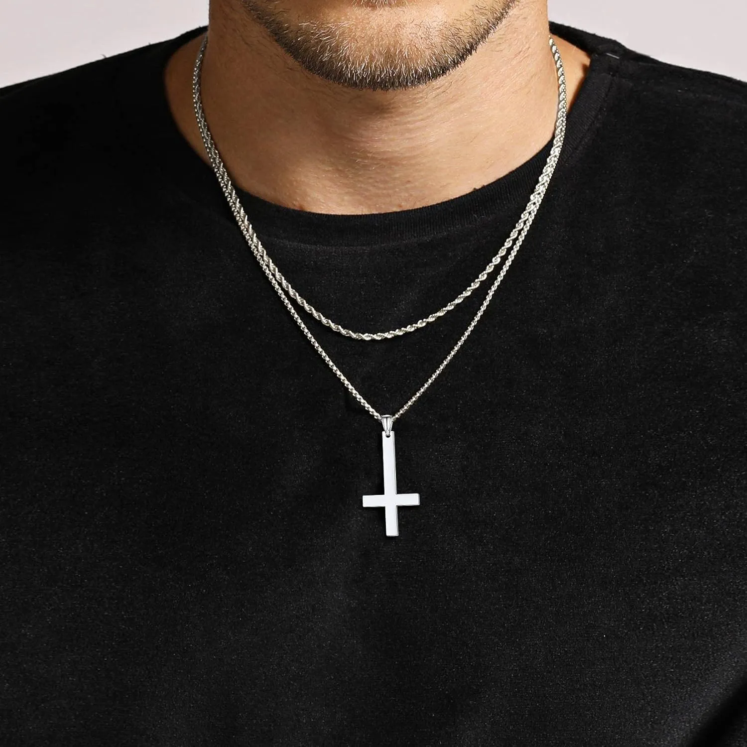 U7 Inverted Cross Necklace, Upside Down Cross Pendant, Stainless Steel Jewelry Devil Necklaces, Baphomet Goat Head Pendant for Men Women