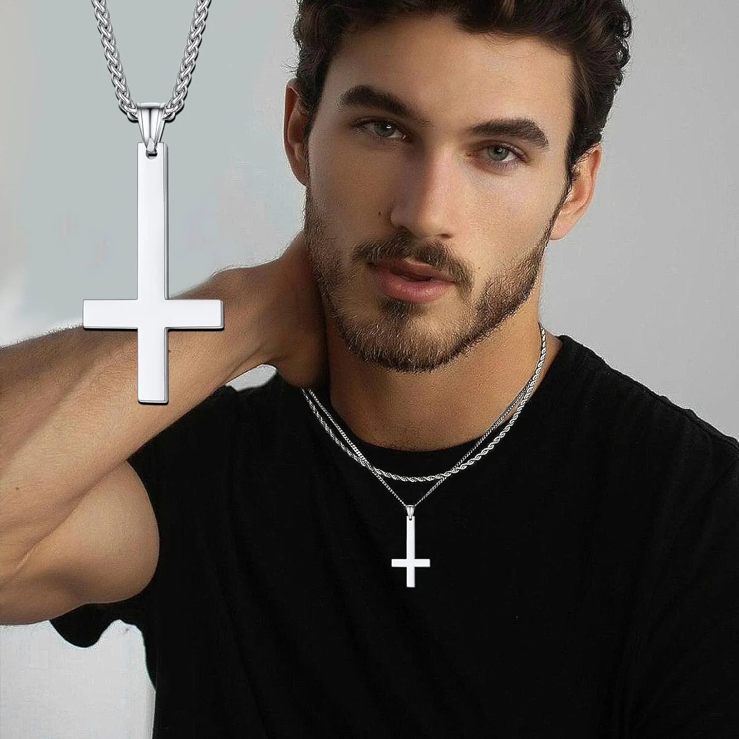 U7 Inverted Cross Necklace, Upside Down Cross Pendant, Stainless Steel Jewelry Devil Necklaces, Baphomet Goat Head Pendant for Men Women