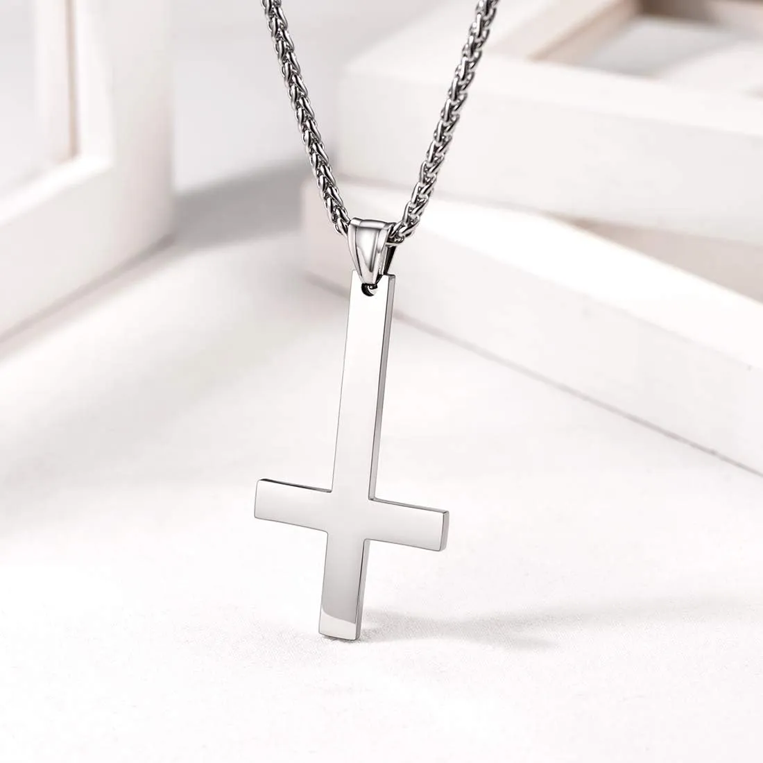 U7 Inverted Cross Necklace, Upside Down Cross Pendant, Stainless Steel Jewelry Devil Necklaces, Baphomet Goat Head Pendant for Men Women