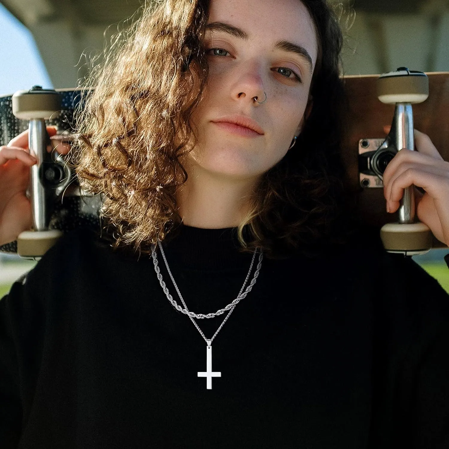 U7 Inverted Cross Necklace, Upside Down Cross Pendant, Stainless Steel Jewelry Devil Necklaces, Baphomet Goat Head Pendant for Men Women