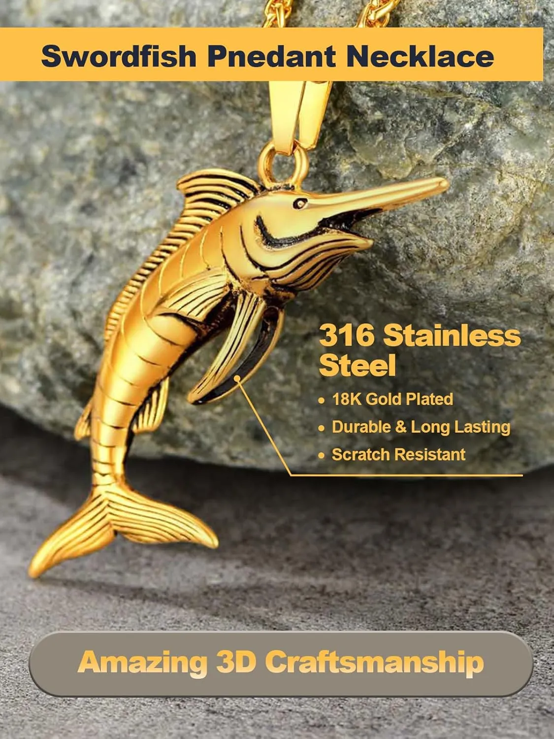 U7 Stainless Steel Shark Necklaces,18K Gold Plated Dolphin/Swordfish/Shark Pendant Necklace,Punk Mens Jewelry