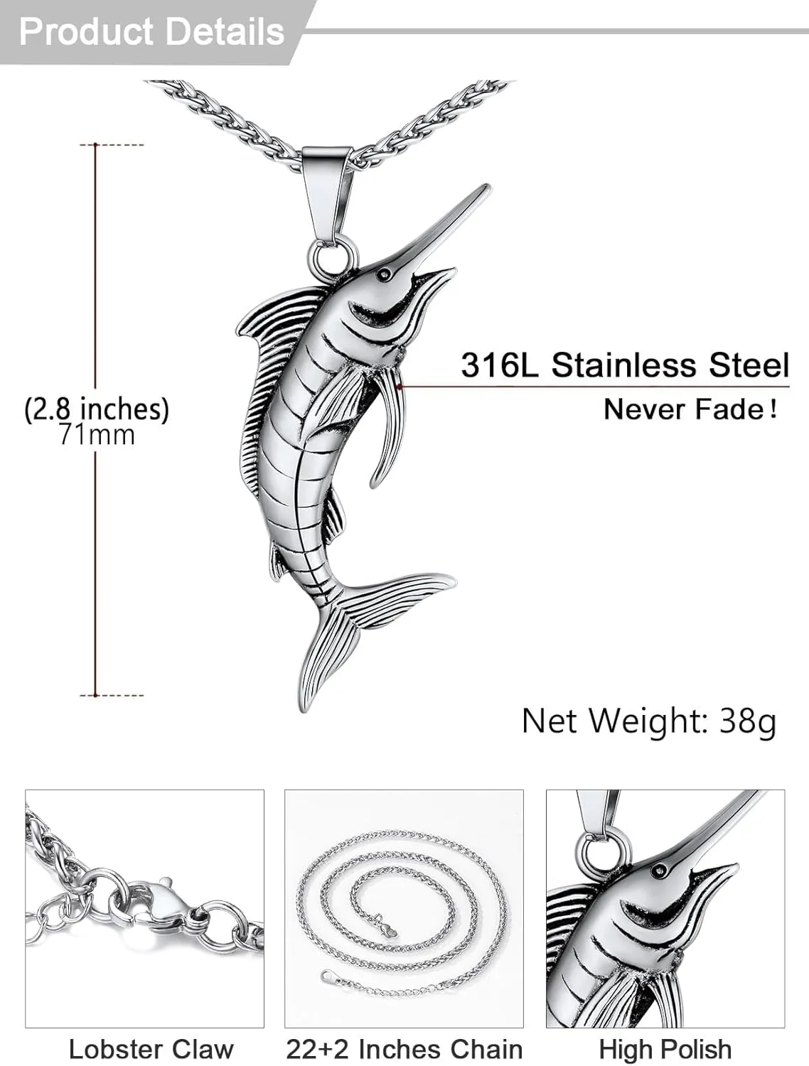 U7 Stainless Steel Shark Necklaces,18K Gold Plated Dolphin/Swordfish/Shark Pendant Necklace,Punk Mens Jewelry