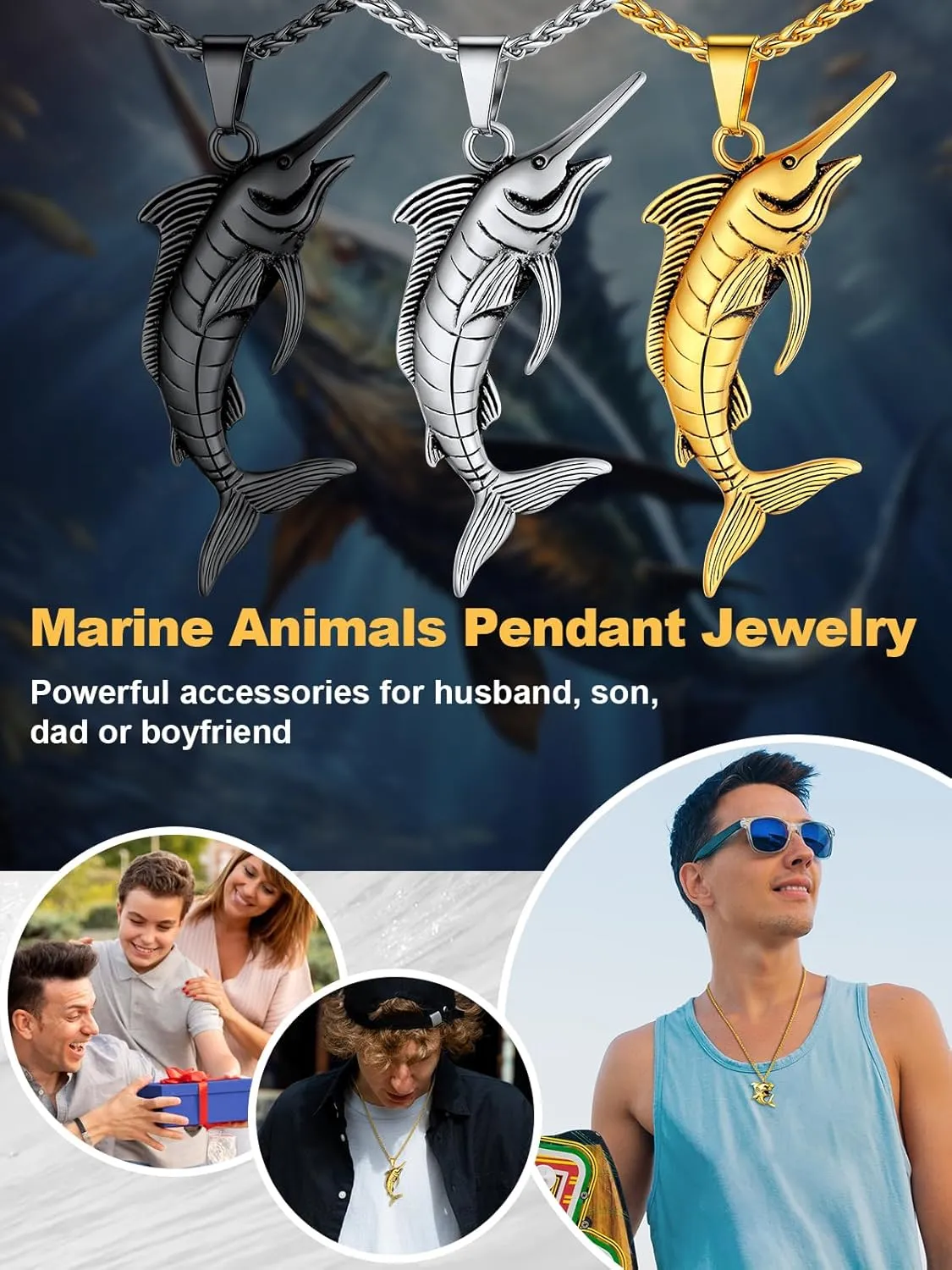 U7 Stainless Steel Shark Necklaces,18K Gold Plated Dolphin/Swordfish/Shark Pendant Necklace,Punk Mens Jewelry