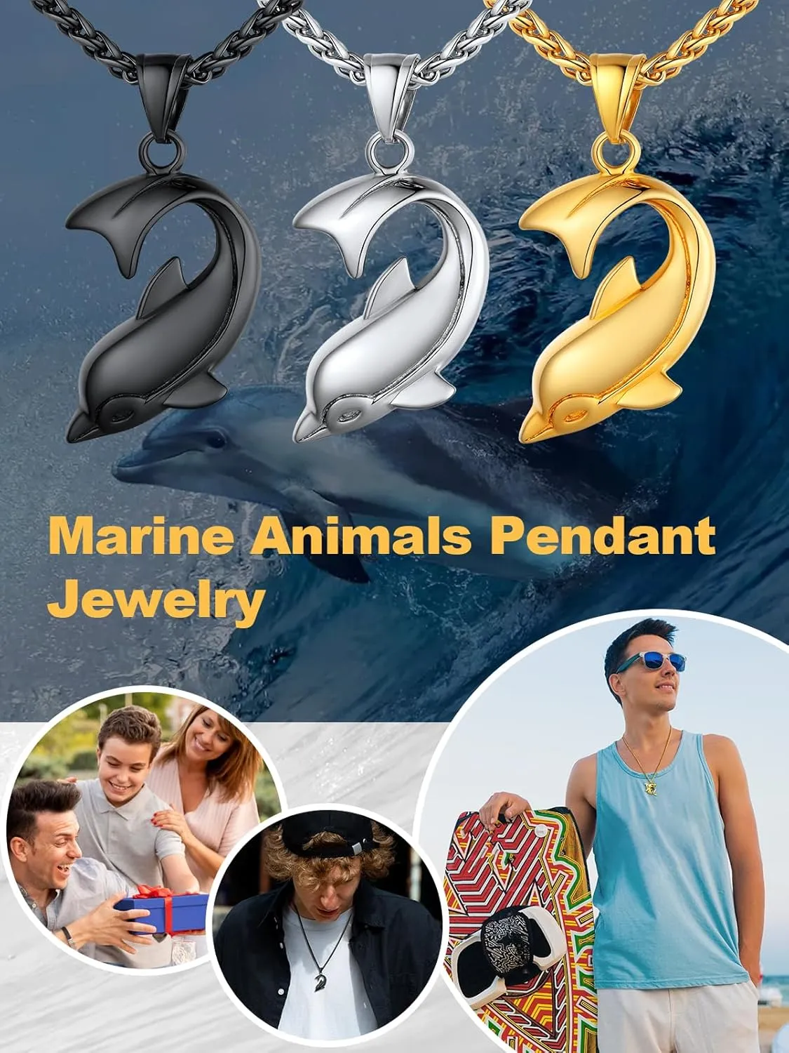 U7 Stainless Steel Shark Necklaces,18K Gold Plated Dolphin/Swordfish/Shark Pendant Necklace,Punk Mens Jewelry