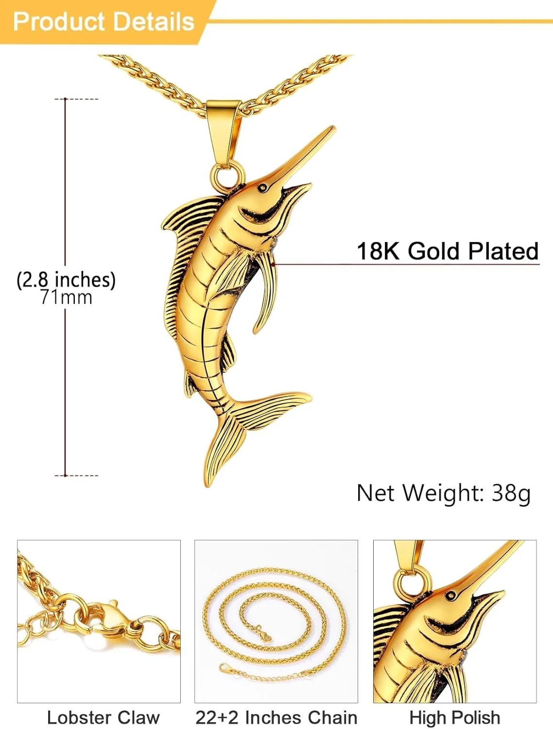 U7 Stainless Steel Shark Necklaces,18K Gold Plated Dolphin/Swordfish/Shark Pendant Necklace,Punk Mens Jewelry