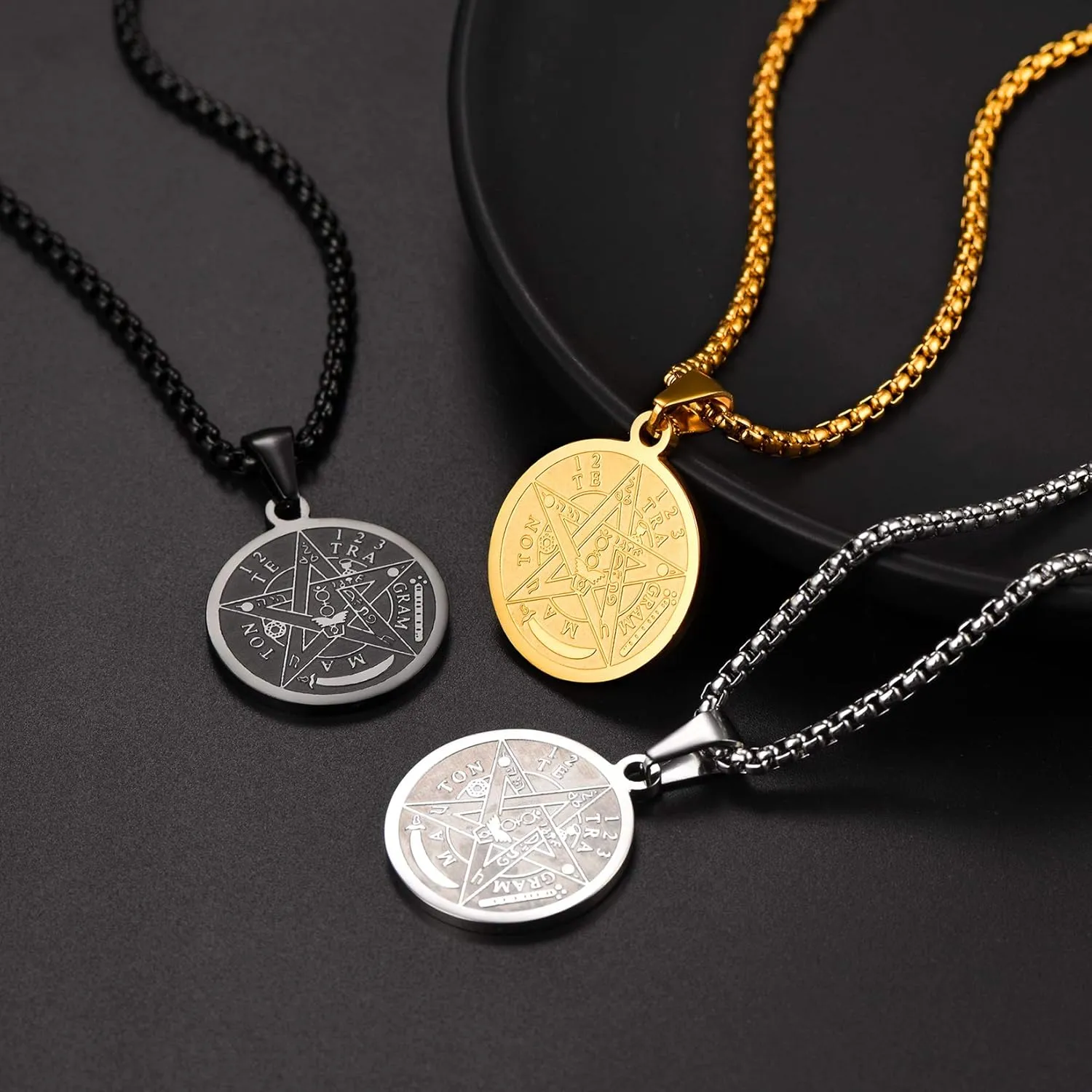 U7 Wiccan Necklace Pagan Pendant Men Women Stainless Steel/Black/18K Gold Plated Pentagram/Norse Viking/Raven Occult Necklaces