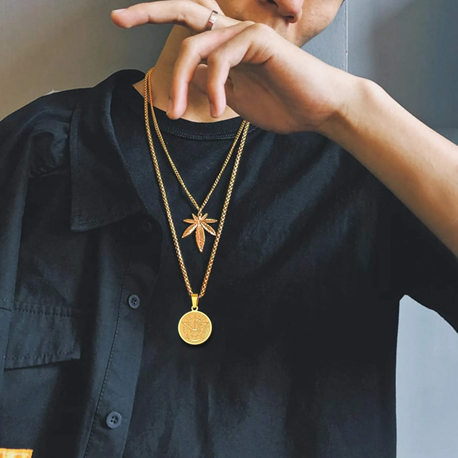 U7 Wiccan Necklace Pagan Pendant Men Women Stainless Steel/Black/18K Gold Plated Pentagram/Norse Viking/Raven Occult Necklaces