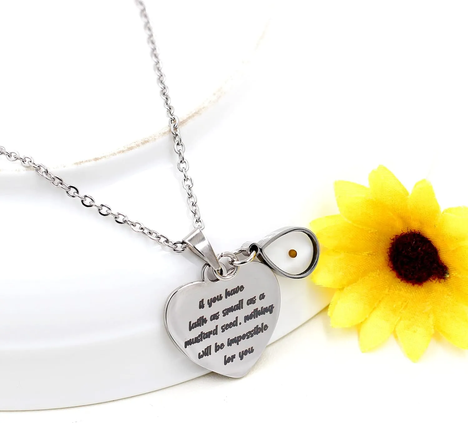 Uloveido Stainless Steel Heart Pendant Christian Faith Mustard Seed Bible Scripture Lettering Necklaces Religious Gift