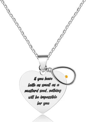 Uloveido Stainless Steel Heart Pendant Christian Faith Mustard Seed Bible Scripture Lettering Necklaces Religious Gift