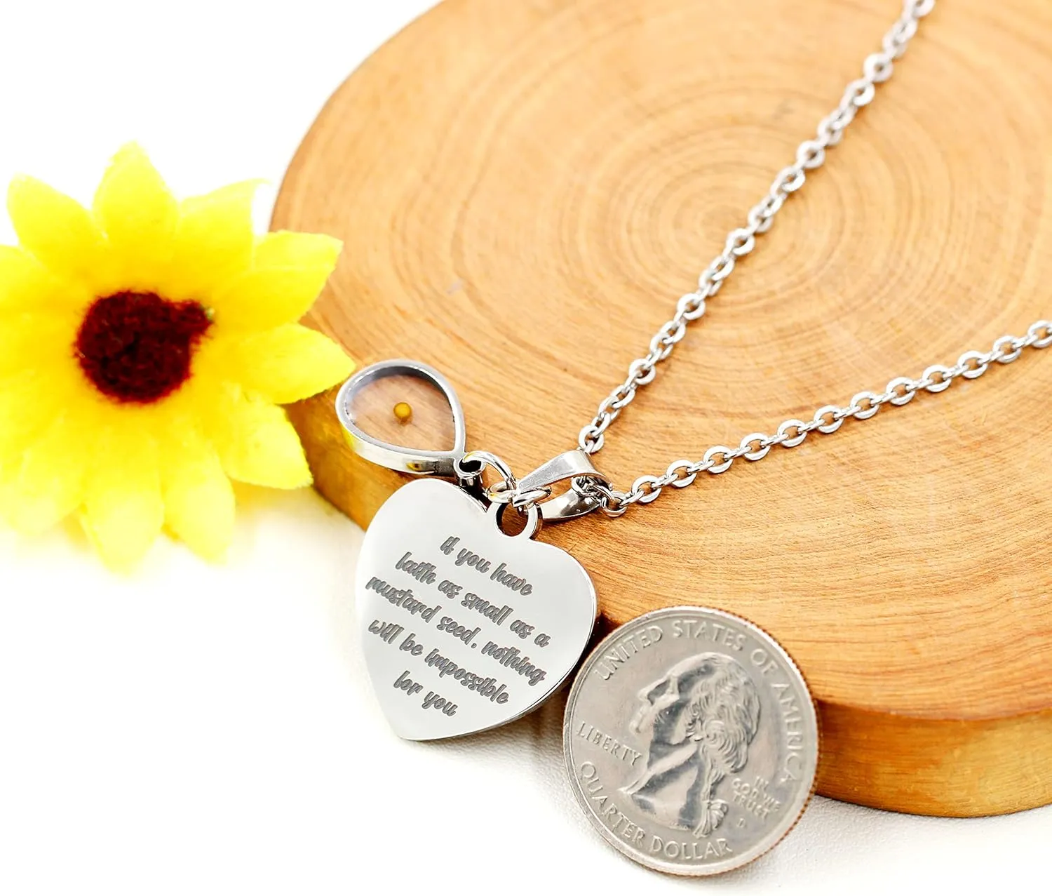 Uloveido Stainless Steel Heart Pendant Christian Faith Mustard Seed Bible Scripture Lettering Necklaces Religious Gift