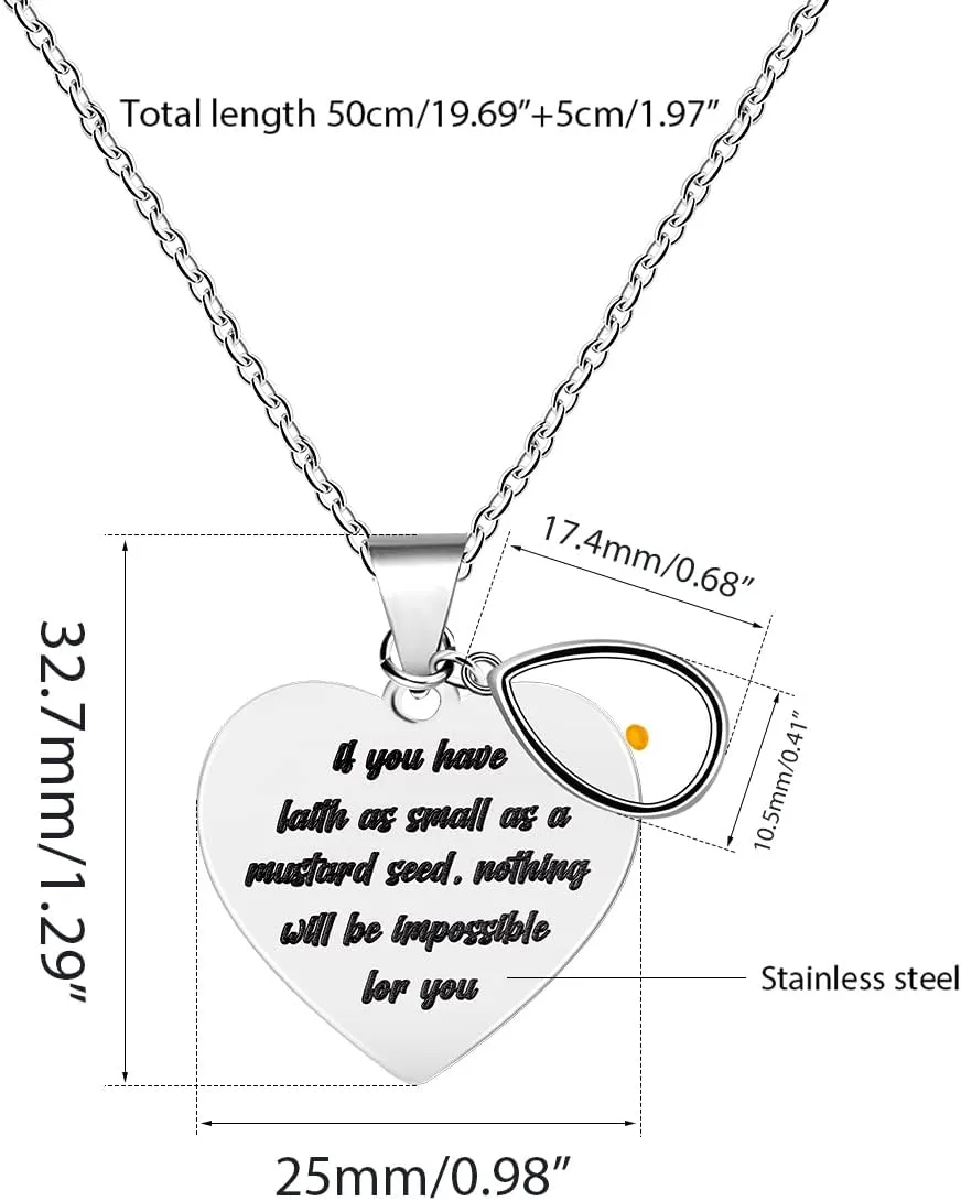 Uloveido Stainless Steel Heart Pendant Christian Faith Mustard Seed Bible Scripture Lettering Necklaces Religious Gift