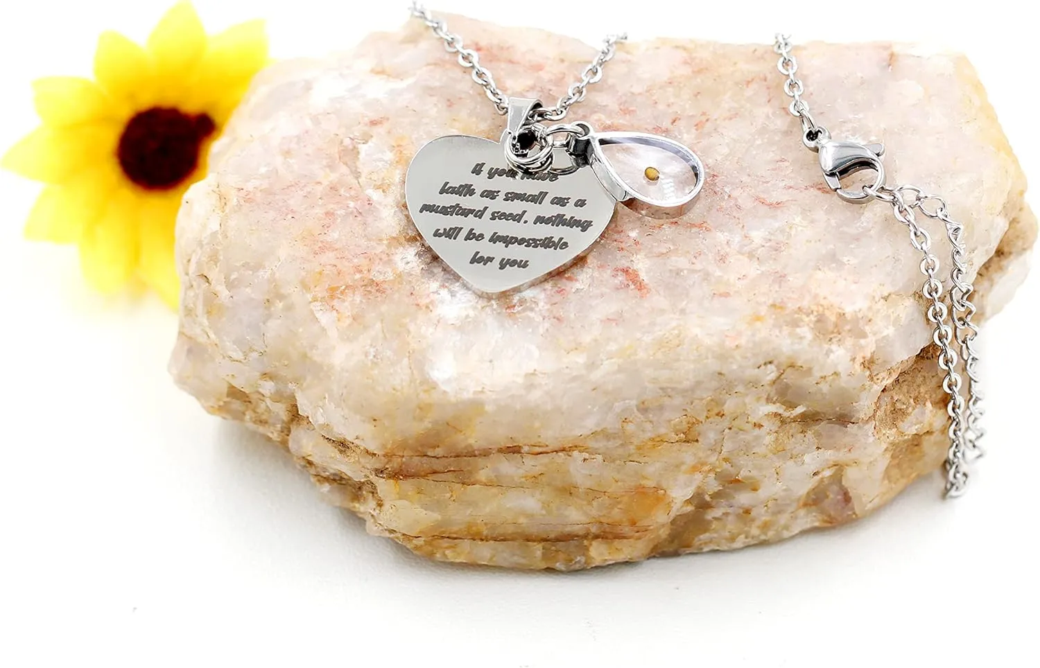 Uloveido Stainless Steel Heart Pendant Christian Faith Mustard Seed Bible Scripture Lettering Necklaces Religious Gift