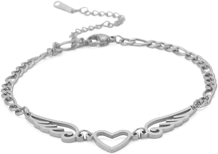 UNIFT Anklet For Women - Angel Wings Heart Anklet - Stainless Steel Hollow Out Adjustable Wings Heart Charm Ankle Chain Jewelry Gift For Women