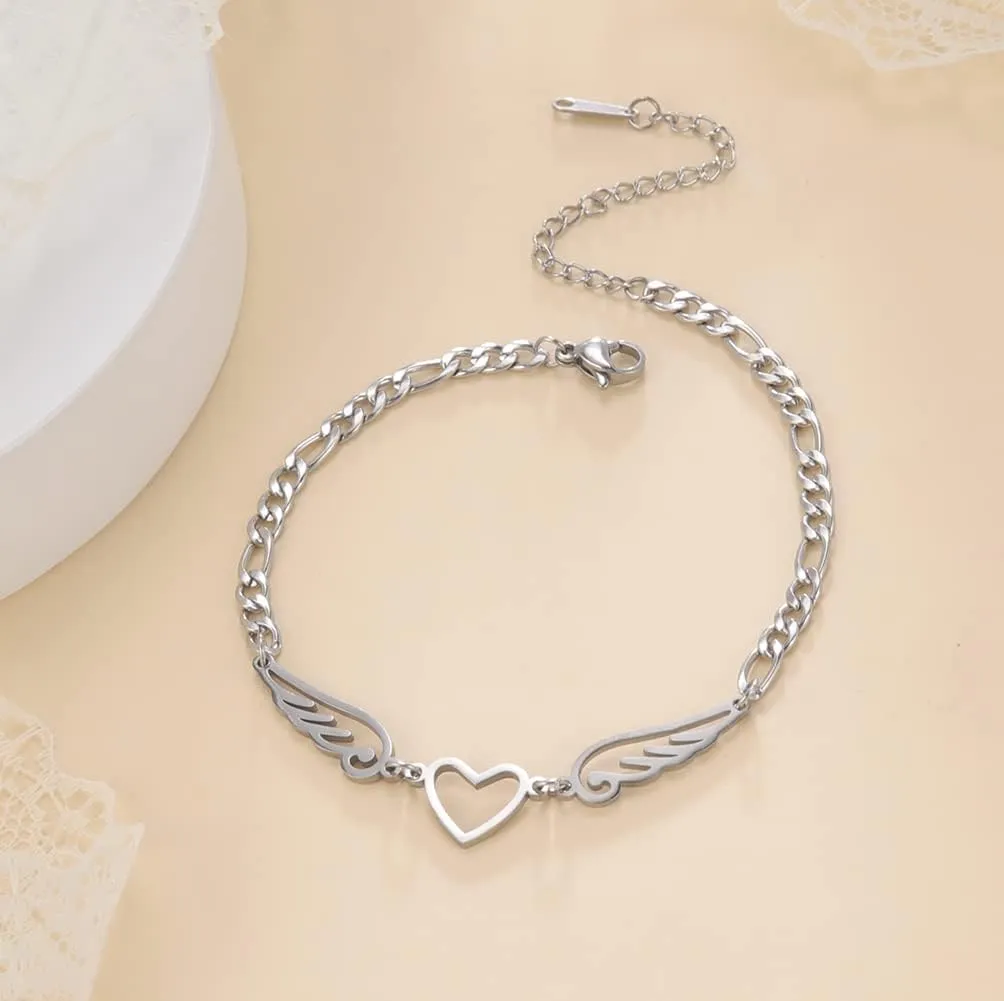 UNIFT Anklet For Women - Angel Wings Heart Anklet - Stainless Steel Hollow Out Adjustable Wings Heart Charm Ankle Chain Jewelry Gift For Women