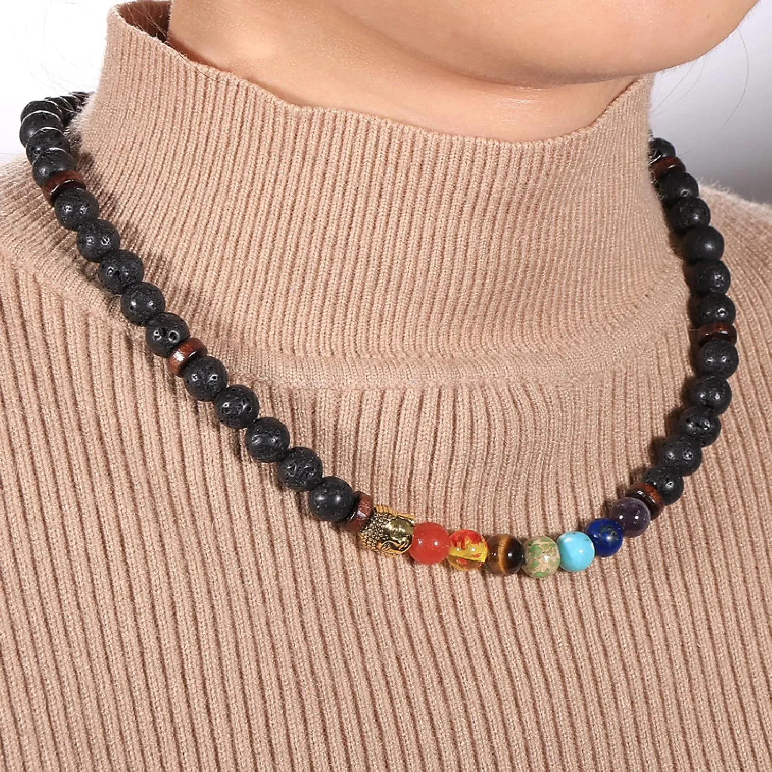 Unisex Yoga Necklace 8MM 52PCS Natural Stone Beads Men Women Necklaces Gemstone Choker Buddhist Rosary Tibetan Jewelry,Matte Stone Gold