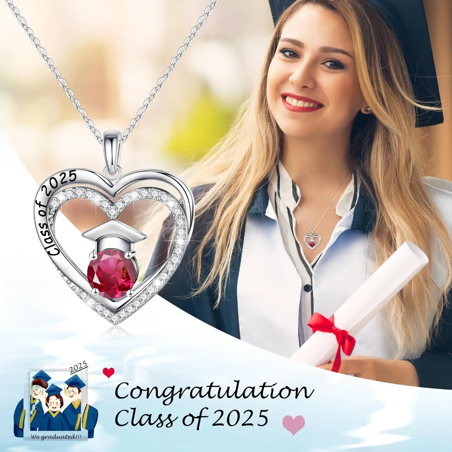 Ursilver Graduation Gifts for Her 2025, S925 Sterling Silver Birthstone Necklace Engraved Class of 2025 Pendant Necklaces College Graduation Gifts for Her