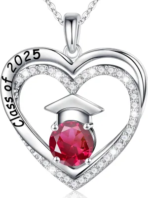 Ursilver Graduation Gifts for Her 2025, S925 Sterling Silver Birthstone Necklace Engraved Class of 2025 Pendant Necklaces College Graduation Gifts for Her