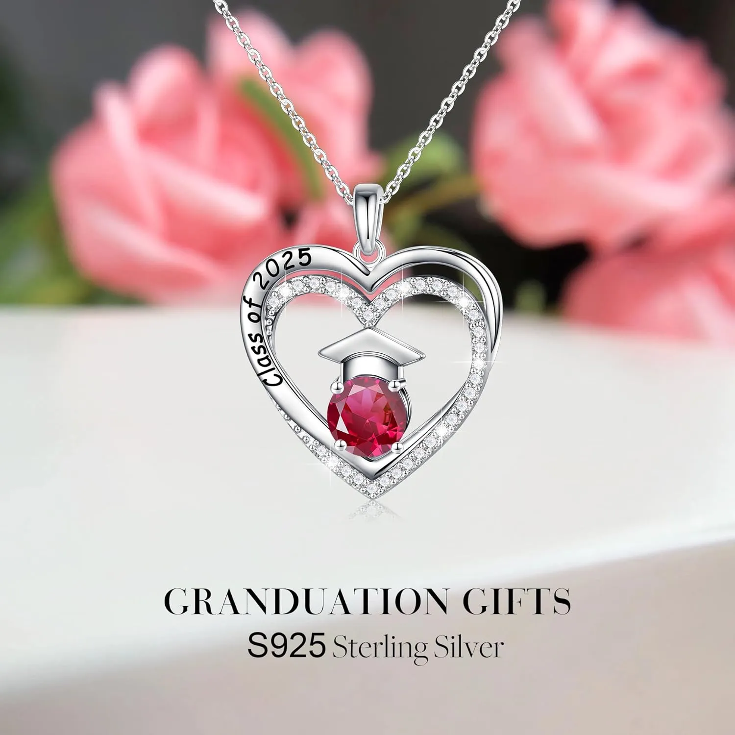 Ursilver Graduation Gifts for Her 2025, S925 Sterling Silver Birthstone Necklace Engraved Class of 2025 Pendant Necklaces College Graduation Gifts for Her