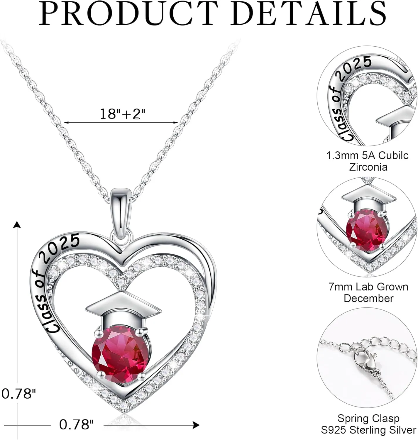 Ursilver Graduation Gifts for Her 2025, S925 Sterling Silver Birthstone Necklace Engraved Class of 2025 Pendant Necklaces College Graduation Gifts for Her