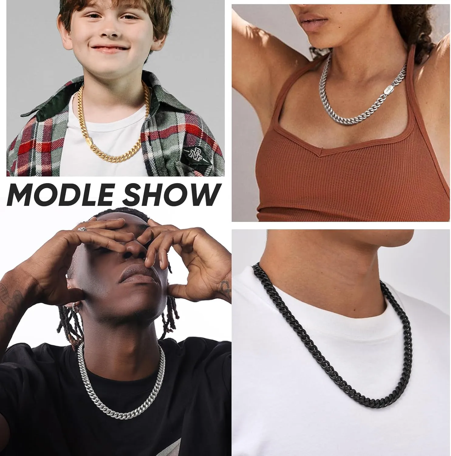 VNOX Cross Necklace for Men - Solid Silver/Gold Plated/Black Mens Cuban Link Chain Stainless Steel Necklaces, Cool Religious Christian Jewelry Gifts