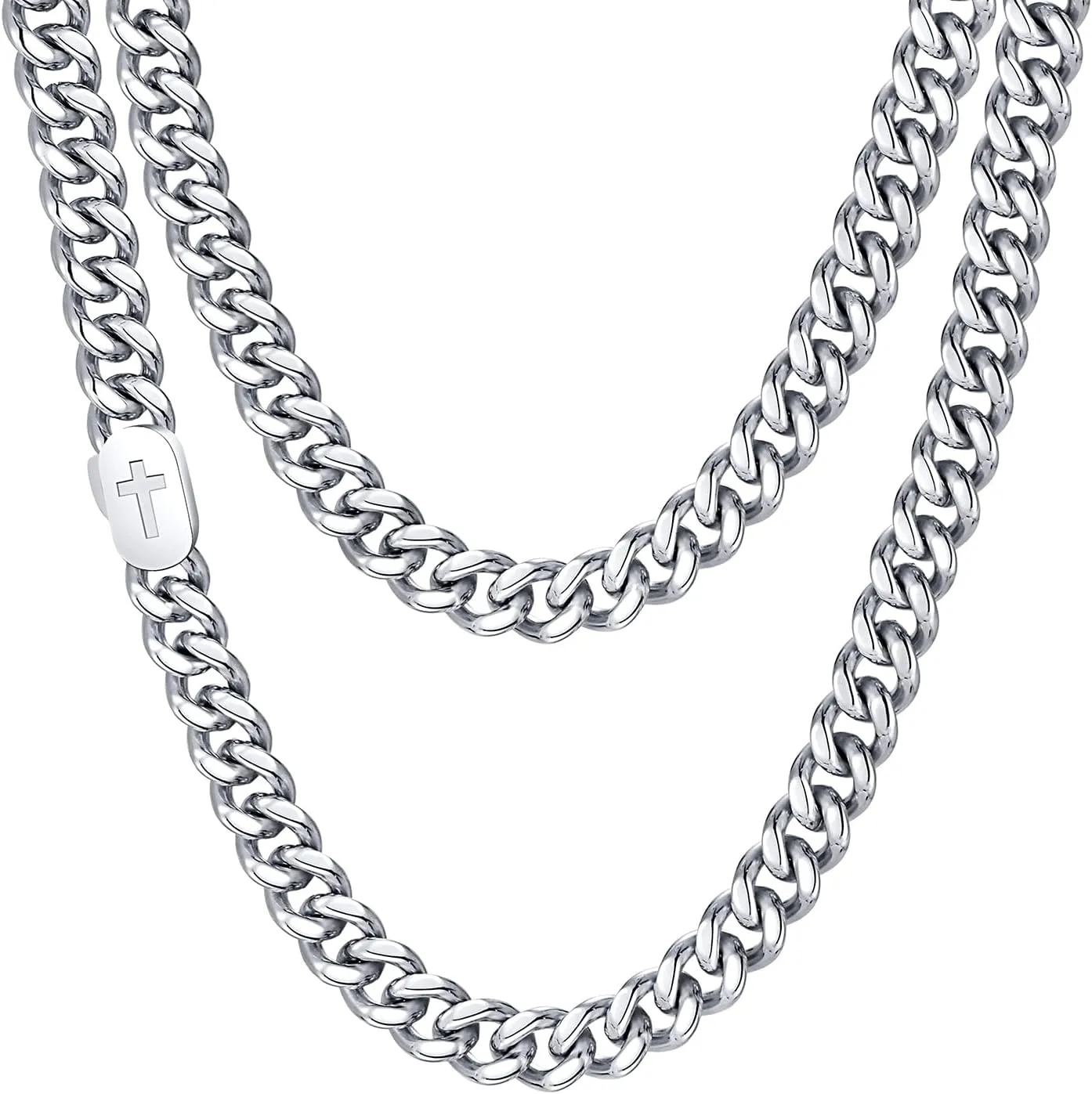 VNOX Cross Necklace for Men - Solid Silver/Gold Plated/Black Mens Cuban Link Chain Stainless Steel Necklaces, Cool Religious Christian Jewelry Gifts