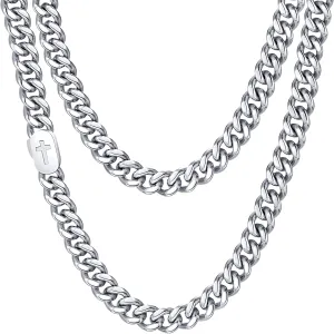 VNOX Cross Necklace for Men - Solid Silver/Gold Plated/Black Mens Cuban Link Chain Stainless Steel Necklaces, Cool Religious Christian Jewelry Gifts