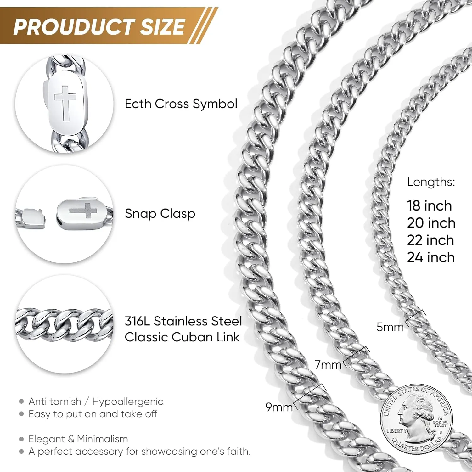 VNOX Cross Necklace for Men - Solid Silver/Gold Plated/Black Mens Cuban Link Chain Stainless Steel Necklaces, Cool Religious Christian Jewelry Gifts