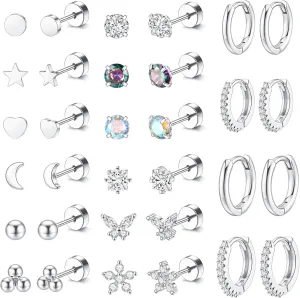 WAINIS 16 Pairs Surgical Steel Flat Back Earrings Gold Hoop Earrings Sets for Multiple Piercing Hypoallergenic 20G Gold Earring Studs for Women Cartilage Flatback Earrings Stacks Helix Piercing Jewelry
