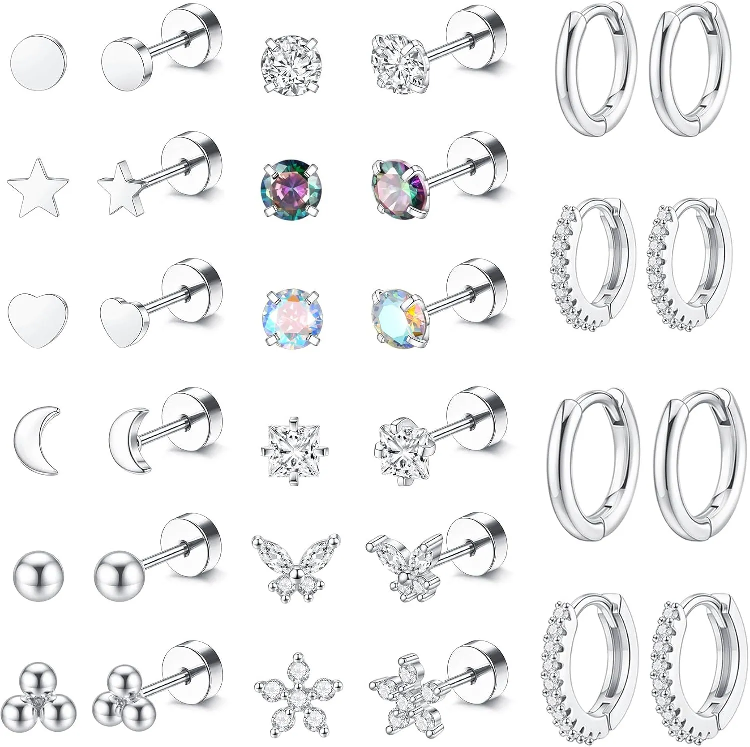 WAINIS 16 Pairs Surgical Steel Flat Back Earrings Gold Hoop Earrings Sets for Multiple Piercing Hypoallergenic 20G Gold Earring Studs for Women Cartilage Flatback Earrings Stacks Helix Piercing Jewelry