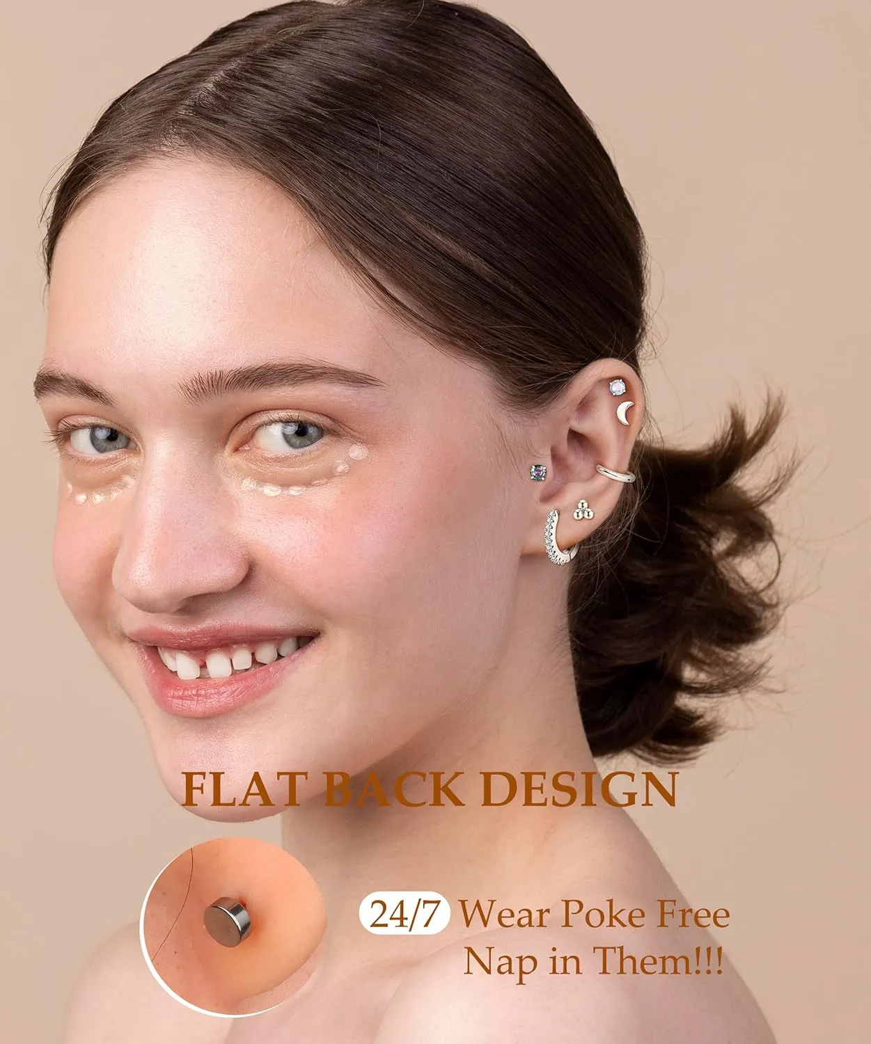 WAINIS 16 Pairs Surgical Steel Flat Back Earrings Gold Hoop Earrings Sets for Multiple Piercing Hypoallergenic 20G Gold Earring Studs for Women Cartilage Flatback Earrings Stacks Helix Piercing Jewelry