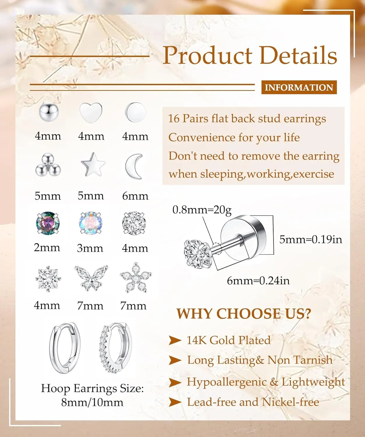 WAINIS 16 Pairs Surgical Steel Flat Back Earrings Gold Hoop Earrings Sets for Multiple Piercing Hypoallergenic 20G Gold Earring Studs for Women Cartilage Flatback Earrings Stacks Helix Piercing Jewelry