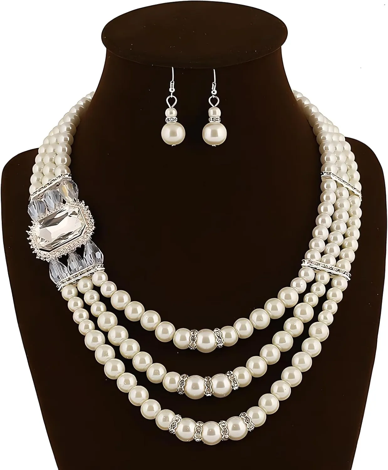 We We Imitation Pearl Necklace for Women Large Chunky Pearl Necklaces Multilayer Pearl Necklace and Earring 1920s Costume Jewelry set