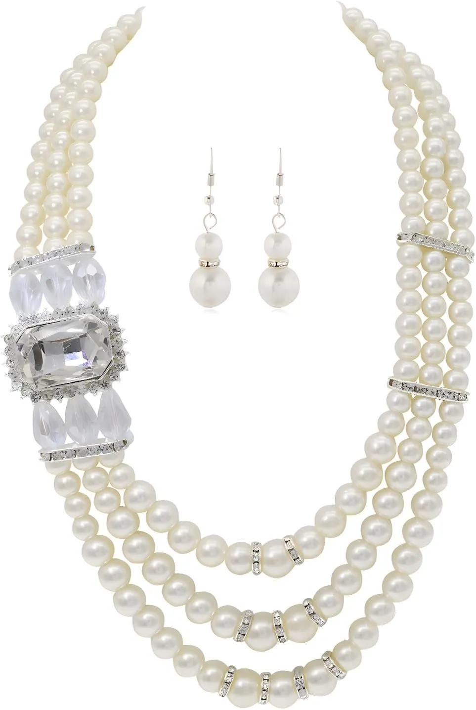 We We Imitation Pearl Necklace for Women Large Chunky Pearl Necklaces Multilayer Pearl Necklace and Earring 1920s Costume Jewelry set