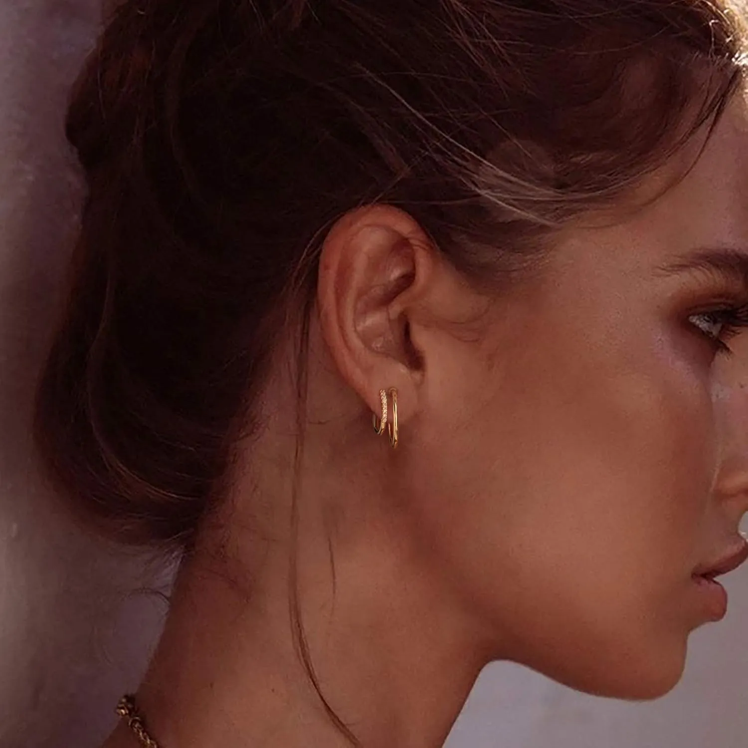 WEARON Gold Earrings Studs for Women 14K Gold Plated Open Hoop C Moon Earrings Minimalist Ear Jewelry