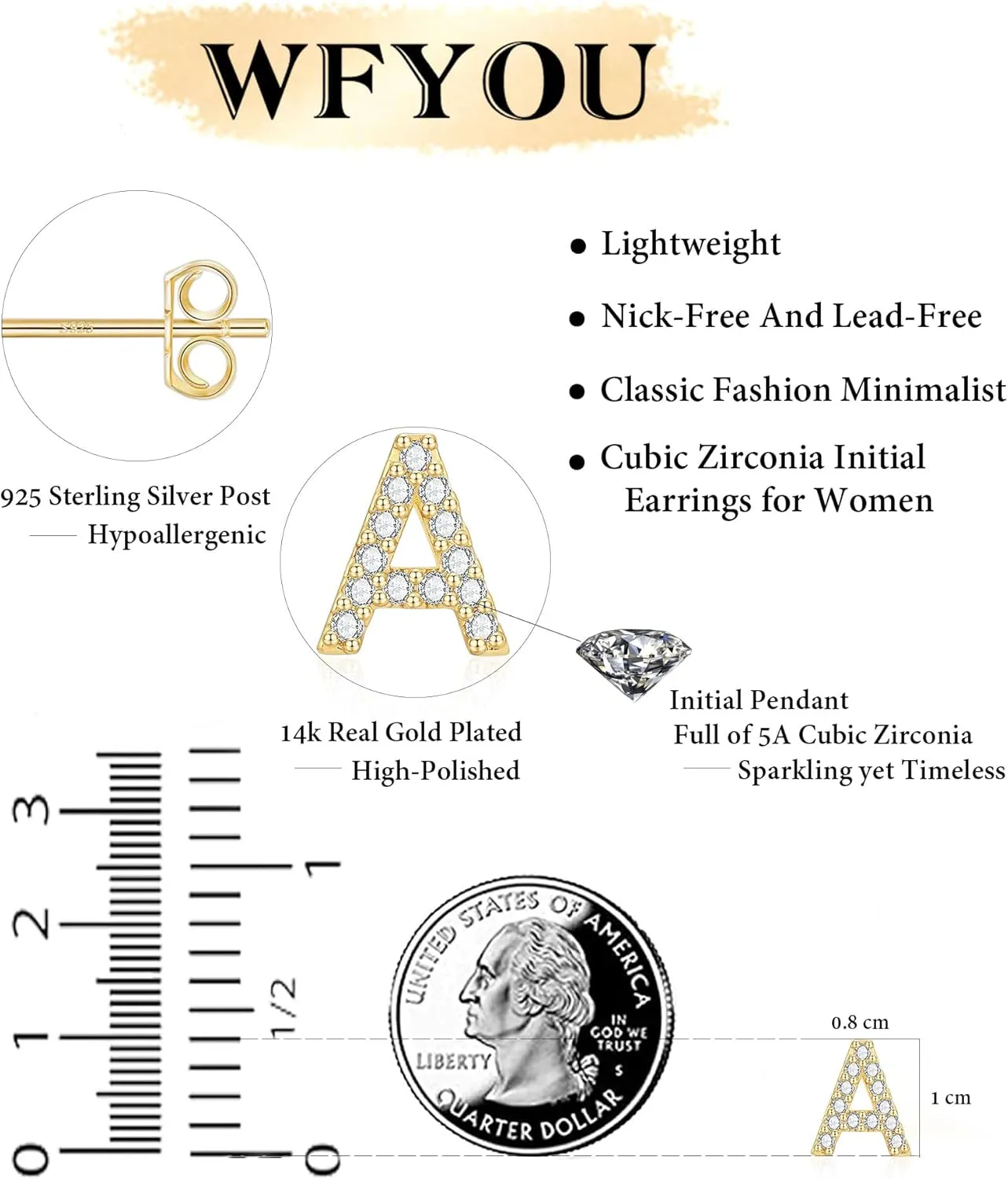 WFYOU Gold Earrings for Women 925 Sterling Silver Cubic Zirconia Initial Letter Stud Earring for Women Trendy 14k Gold Plated Dainty Cute Diamond Hypoallergenic Earrings Jewelry Gifts
