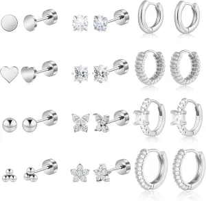 Wgoud 12 Pairs Hypoallergenic Surgical Steel Earrings for Sensitive Ears Waterproof Trendy Gold Small Stud Flat Back Stainless Steel Earrings for Women Men Hoop Cartilage Earring Set for Multiple Piercing