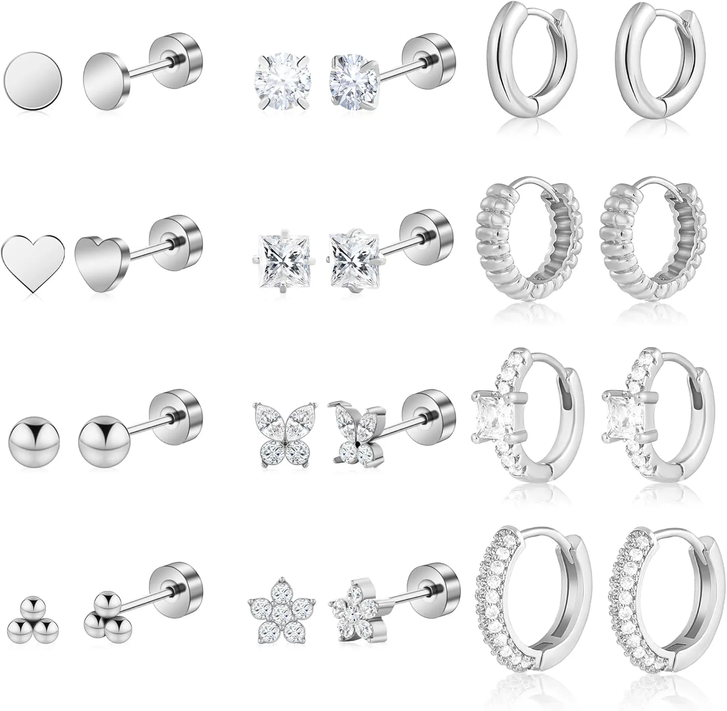 Wgoud 12 Pairs Hypoallergenic Surgical Steel Earrings for Sensitive Ears Waterproof Trendy Gold Small Stud Flat Back Stainless Steel Earrings for Women Men Hoop Cartilage Earring Set for Multiple Piercing