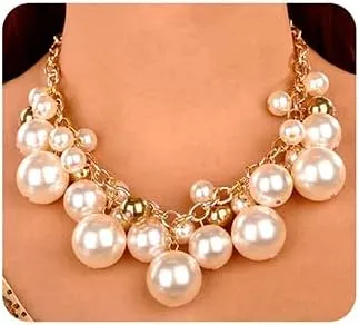 Wiwpar Women Statement Gold Short Chain Pendant Pearl Necklaces Chunky Faux Pearl Cluster Collar Bib Choker Necklace and Earrings Set for Women Gift