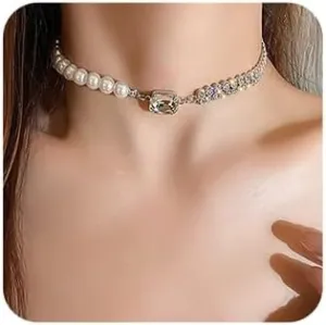 Women Bridal Vintage Silver Short Imitation Pearl Rhinestones Shiny Choker Necklace Fashion Punk Beads Simple Sexy Bar Nightclub Necklaces for Women