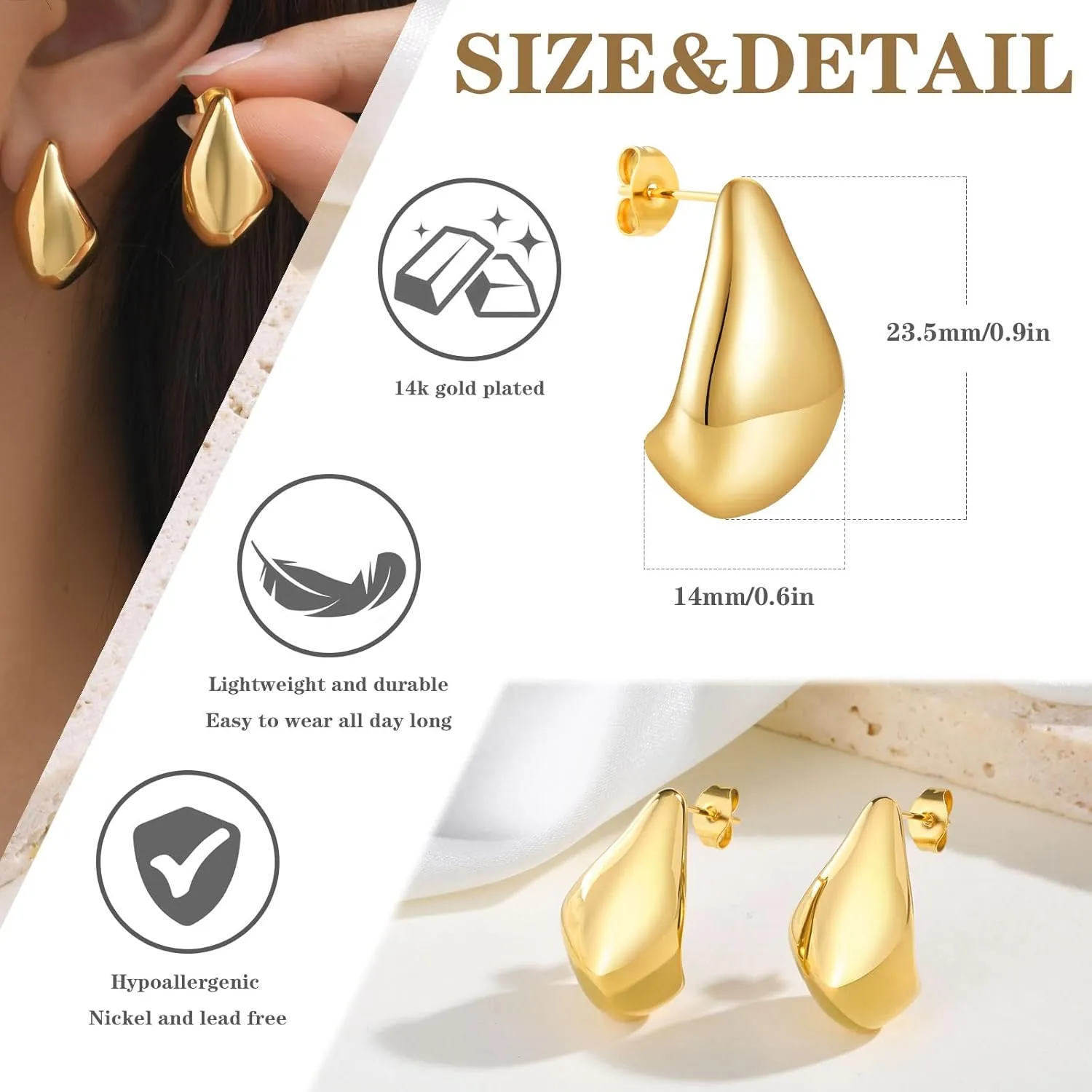 Womens Gold Studs Earrings, 14K Gold Plated Personality Big Stud Earring,Stainless Steel Hypoallergenic Ear Rings Trendy Jewelry,Christmas Birthday Gifts for Her Girlfriend Sister