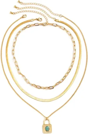 Wycian Choker Necklace, Layered Necklace Boho Layers Gold Alloy Imitation Turquoise Lock Jewelry for Women Women Necklace