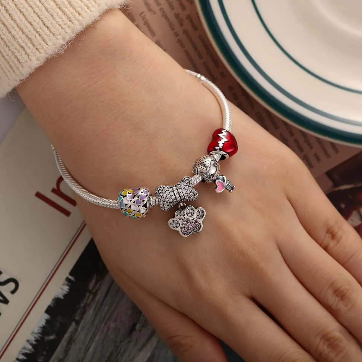 XinYouZhi S925 Sterling Silver Bead Charms for Bracelets with Cubic Zirconia DIY Bead Charms for Jewelry Making Birthday Valentines Day Charms for Women
